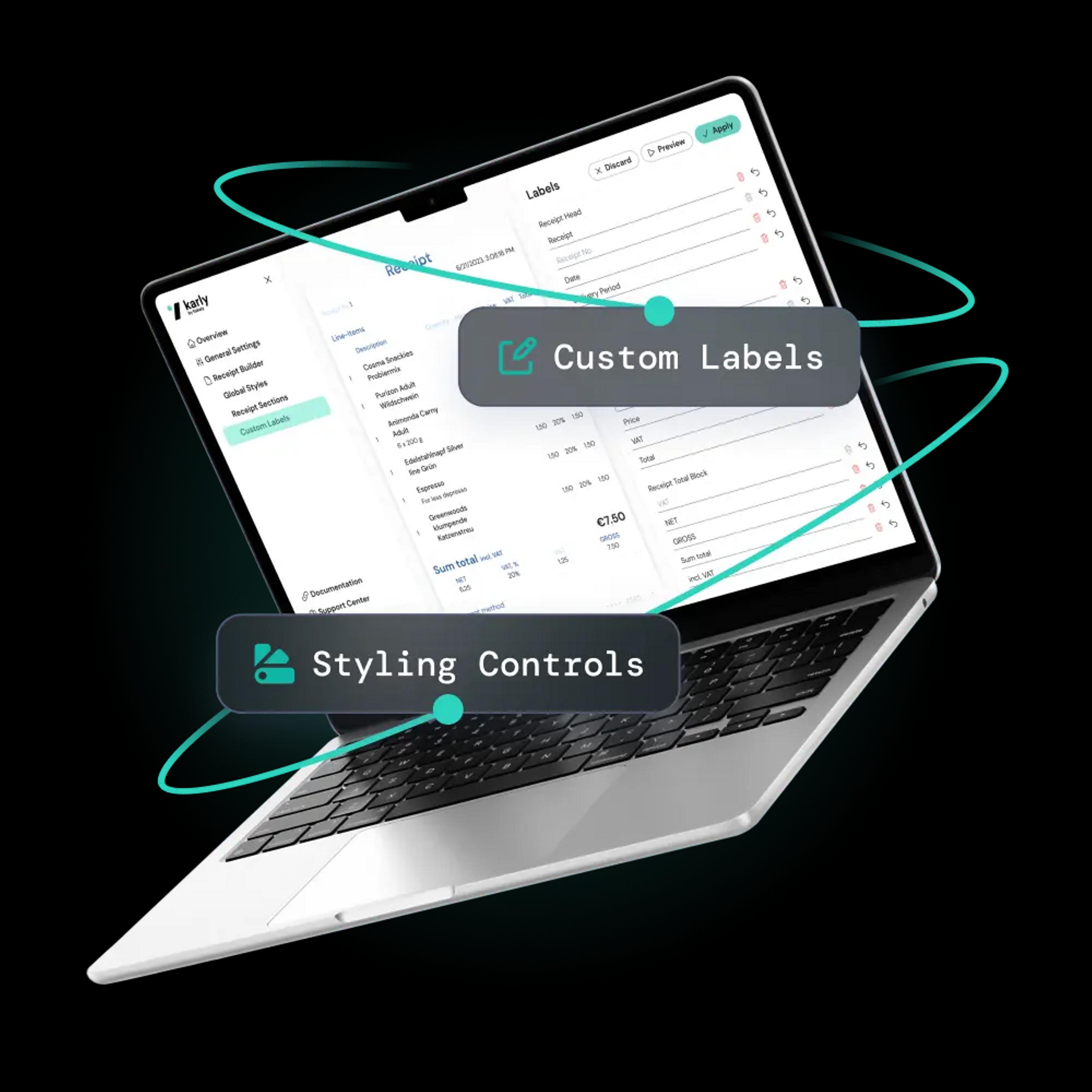An open laptop with a electronic receipt by fiskaly dashboard on it with texts: Custom labels and Styling controls