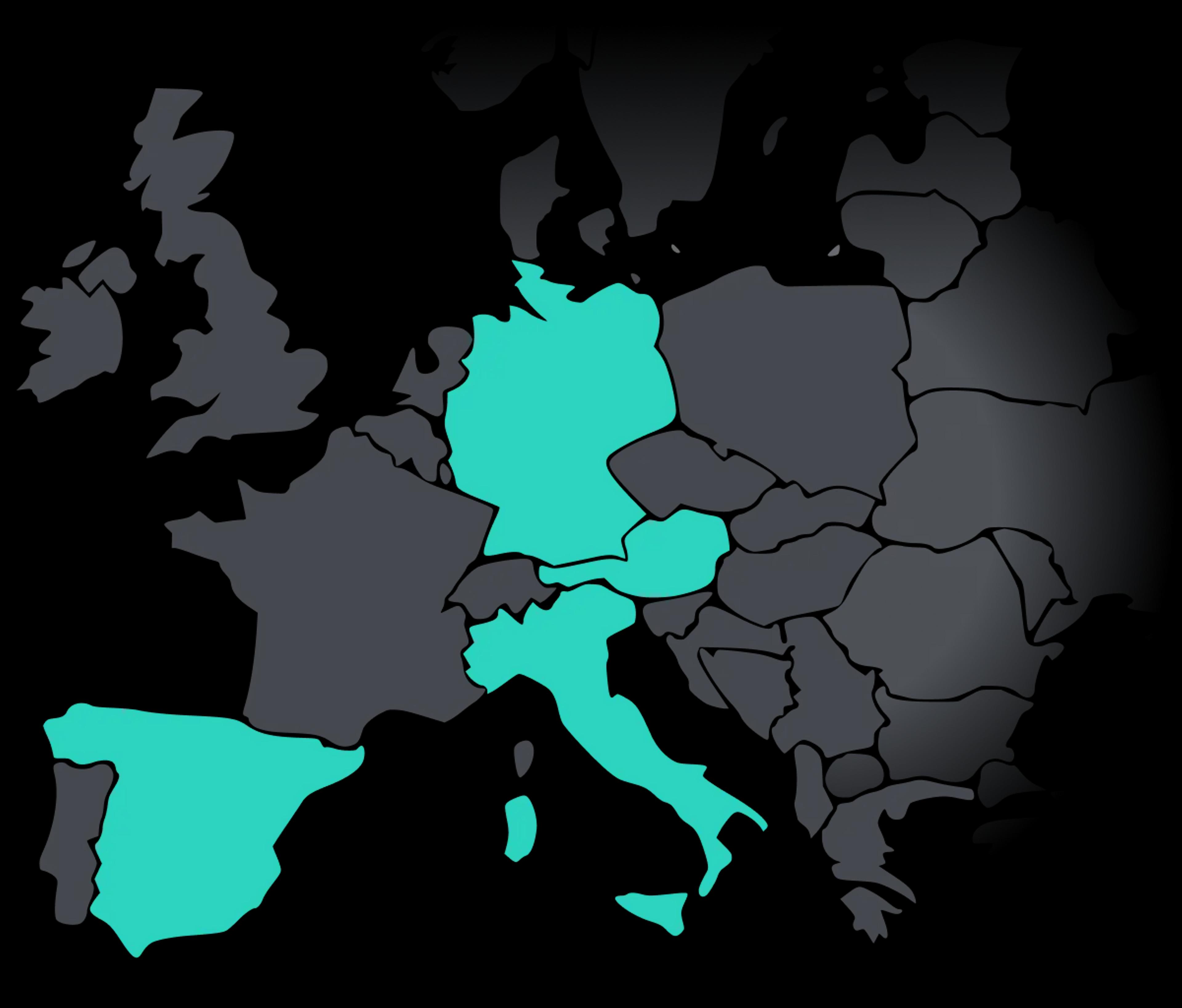 Mappa dell'Europa sulla quale Austria, Germania, Spagna e Italia sono contrassegnate in verde perché dotate di conformità POS grazie a fiskaly