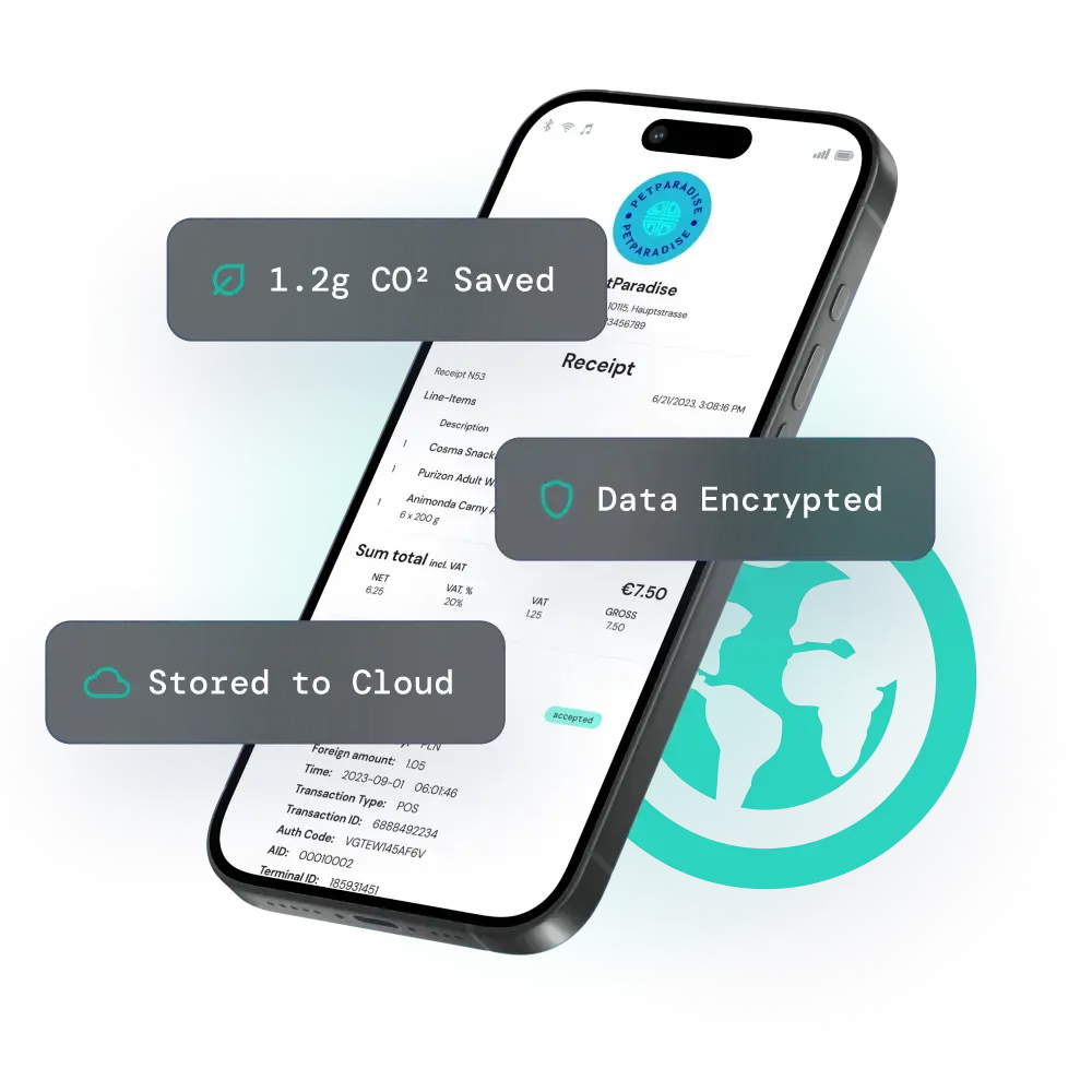 Cell phone with a digital receipt by fiskaly on it, with texts Stored to cloud, data encrypted and eco-friendly