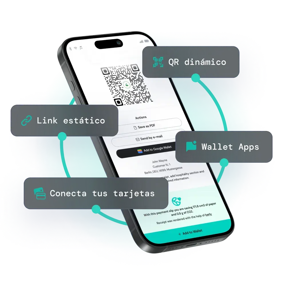 Teléfono móvil con un recibo digital de fiskaly en él, con textos Código QR dinámico, enlace estático, aplicaciones de monedero y enlace de tarjetas