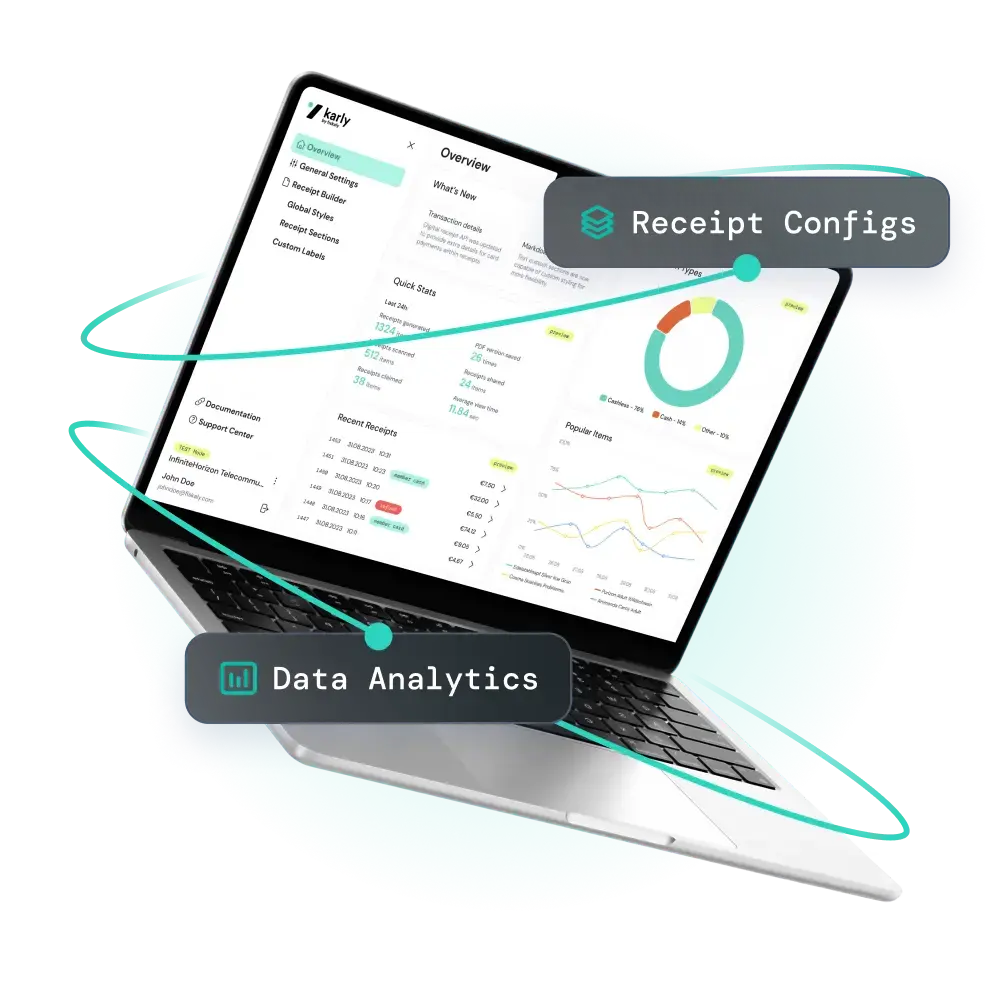 An open laptop with a digital receipt by fiskaly dashboard on it, with analytical graphs and dashboard data overview