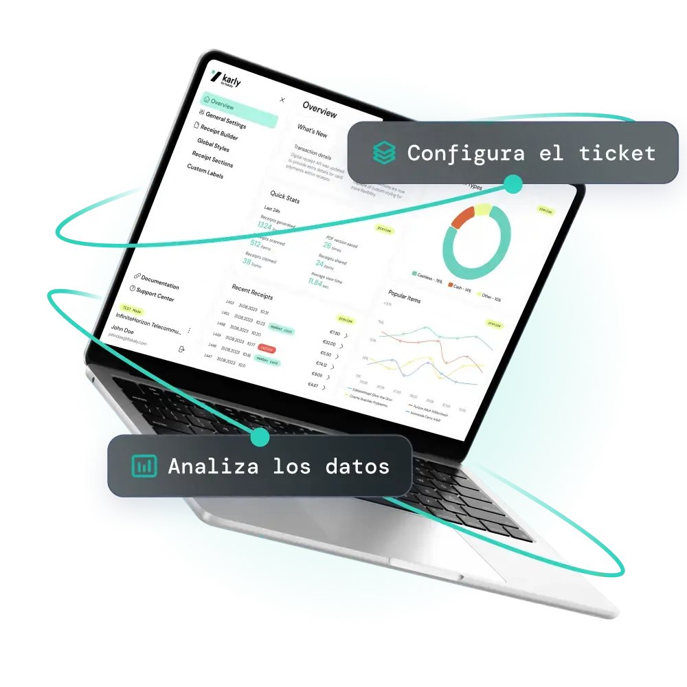 Un ordenador portátil abierto con un recibo digital de fiskaly en el salpicadero, con gráficos analíticos y una visión general de los datos del salpicadero