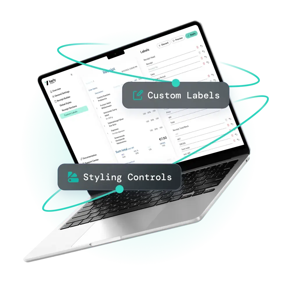 An open laptop with a electronic receipt by fiskaly dashboard on it with texts: Custom labels and Styling controls