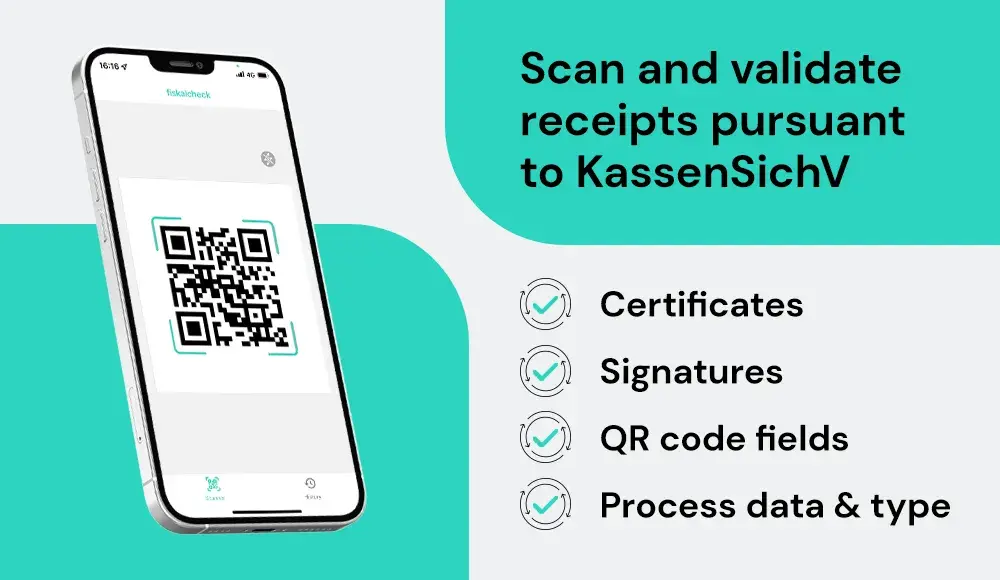 A smartphone showing the QR scan screen next to the text "Scan and validate receipts pursuant to KassenSichV: Certificates, Signatures, QR code fields, Process data & type"