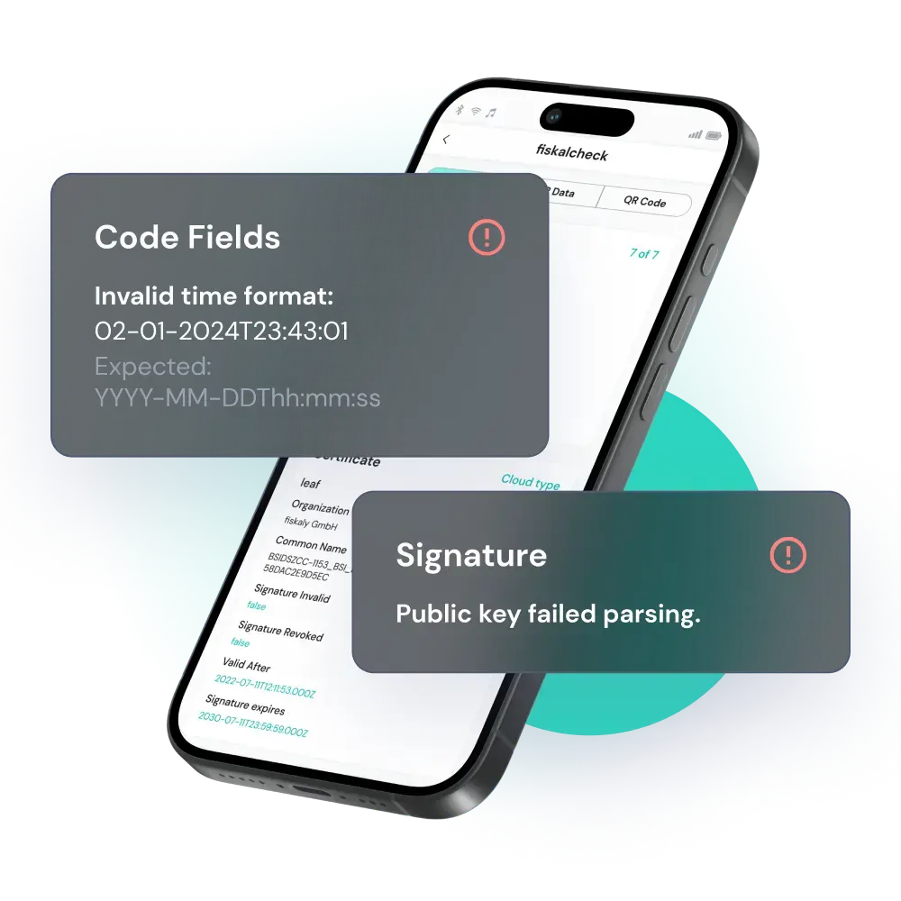 Cell-phone with free fiskalcheck app by fiskaly on the screen which supports with various TSS providers