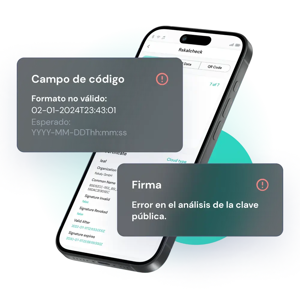 Teléfono móvil con una app gratuita fiskalcheck by fiskaly en la pantalla que admite con varios proveedores de SAT