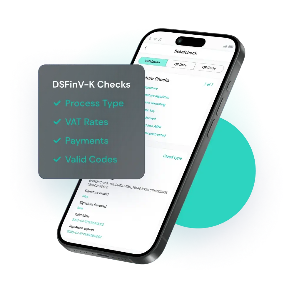 Cell phone showing a validation report with KassenSichV and DSFinV-K regulations with free fiskalcheck by fiskaly