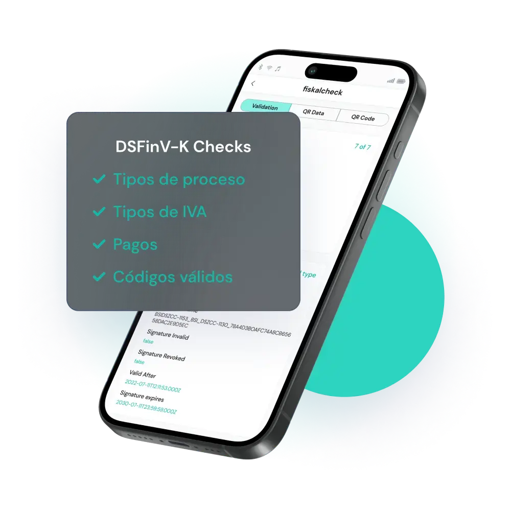 Teléfono móvil mostrando un informe de validación con las normativas KassenSichV y DSFinV-K con fiskalcheck gratuito de fiskaly