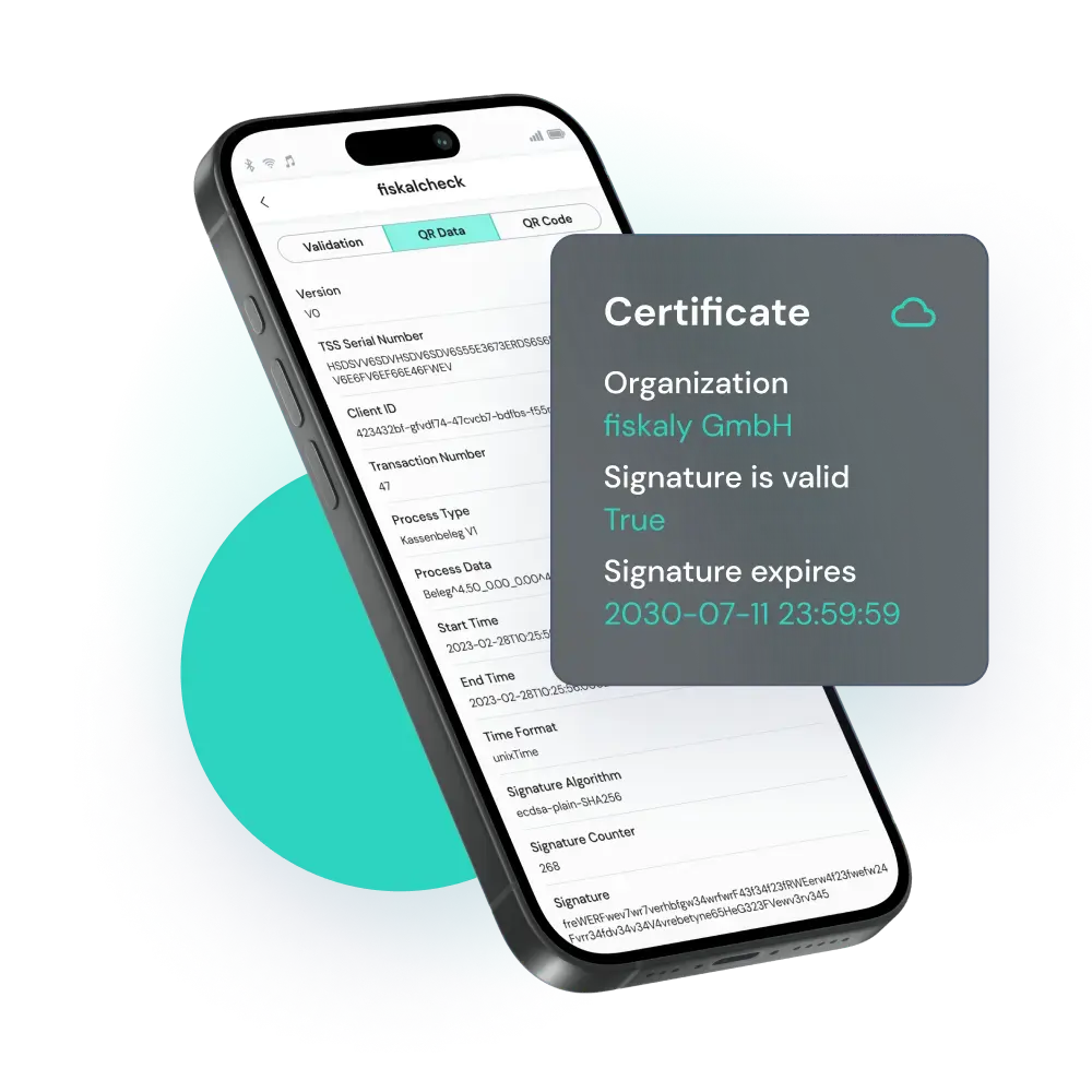 Mobile phone with a free fiskalcheck app by fiskaly on it, which shows detailed insights into transactions and visualisations