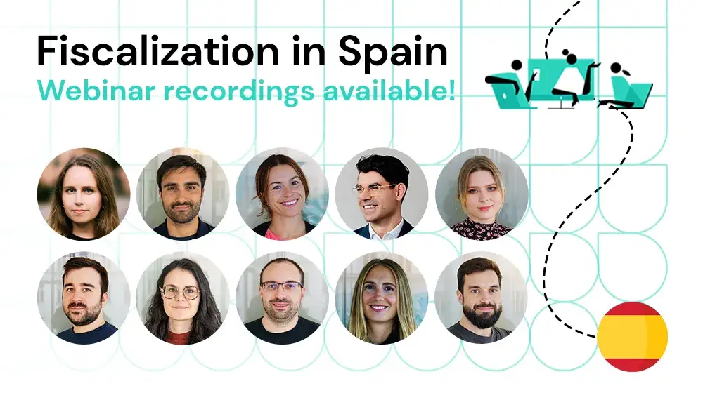 Portraits of the speakers of the fiskaly webinar series with the headline "Fiscalization in Spain: Webinar recordings available"
