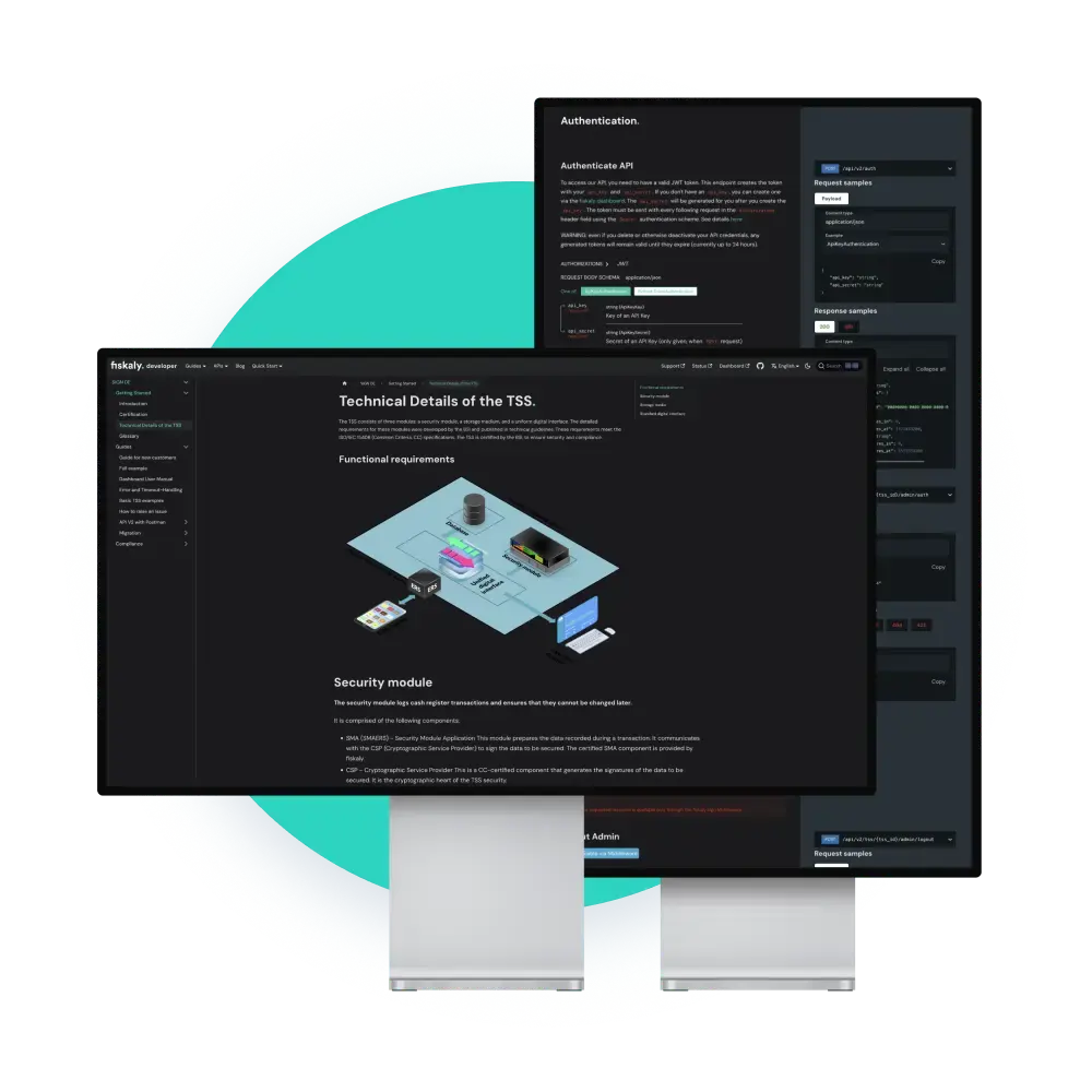 Computer monitors with fiskaly developer page on them