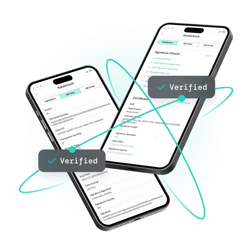 Mobile phones with free fiskalcheck app on them and verification of KassenSichV and DSFinV-K compliance