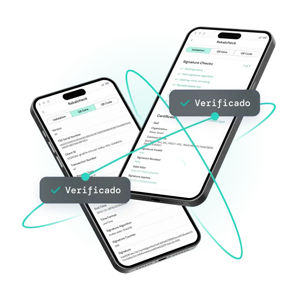Teléfonos móviles con la aplicación gratuita fiskalcheck y verificación del cumplimiento de KassenSichV y DSFinV-K