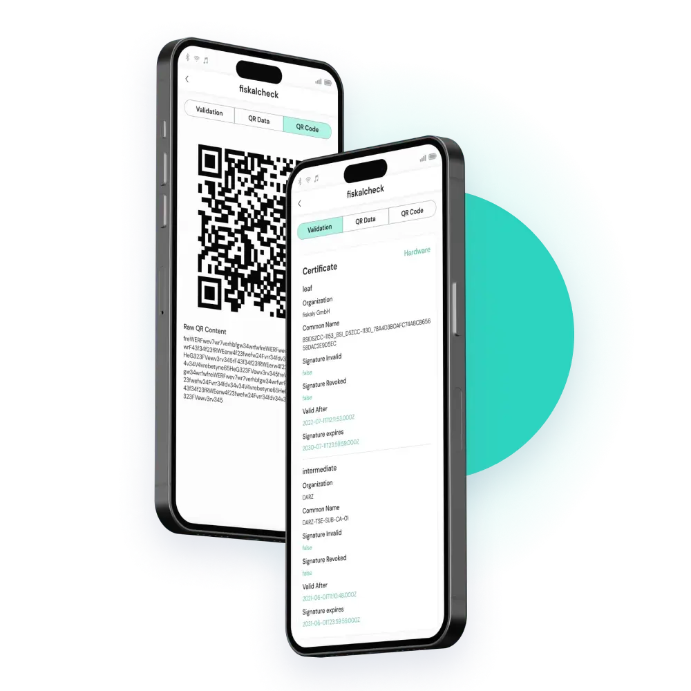 Mobile phone with free fiskalcheck app on the screens with QR code receipt compliance validation