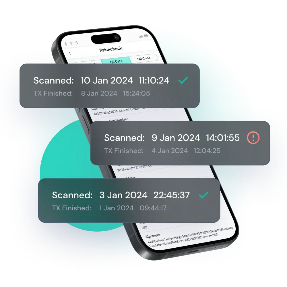 Cell-phone with fiskalcheck validation report on screen which simplifies compliance checks and receipts validation