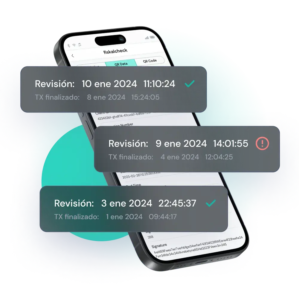 Teléfono móvil con informe de validación fiskalcheck en pantalla que simplifica las comprobaciones de conformidad y la validación de recibos