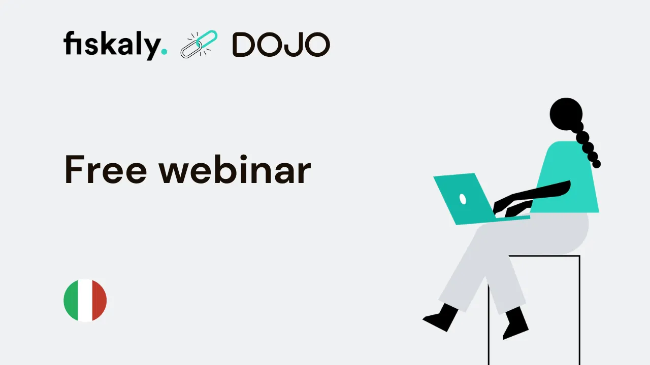 Logo of fiskaly and Dojo with the text “Free Webinar" about the connection bewteen POS and RT