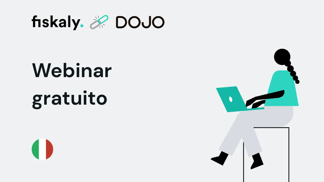 Logotipo de fiskaly y Dojo con el texto “Webinar gratuito” conexión entre POS y RT en Italia