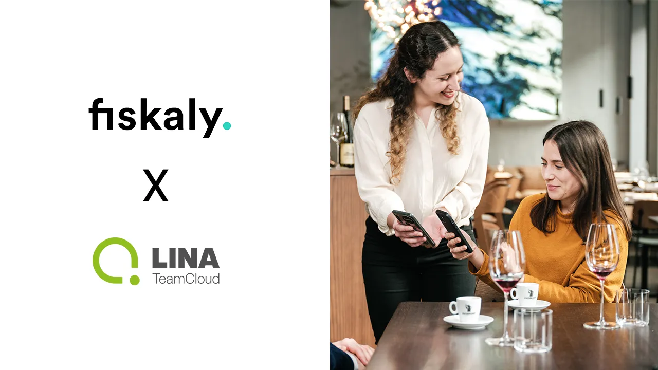 Cooperation between fiskaly and LINA TeamCloud: A customer pays with a smartphone to a waitress in a restaurant. The logos of fiskaly and LINA TeamCloud are on the left side of the image.