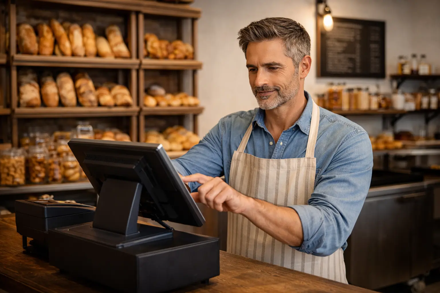 French merchant operating a certified POS system for sales management in a bakery